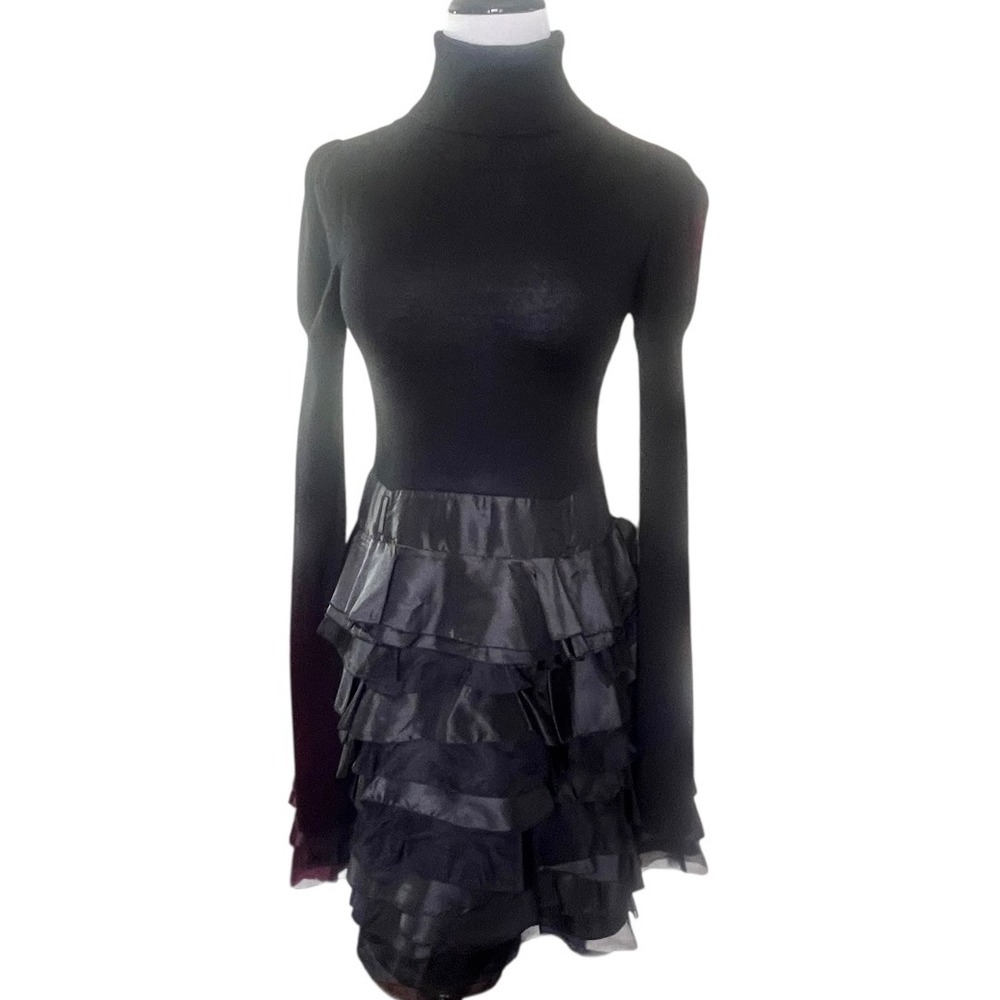 Silk BlackTiered Ruffle Turtleneck Long‎ Sleeve Mini Dress